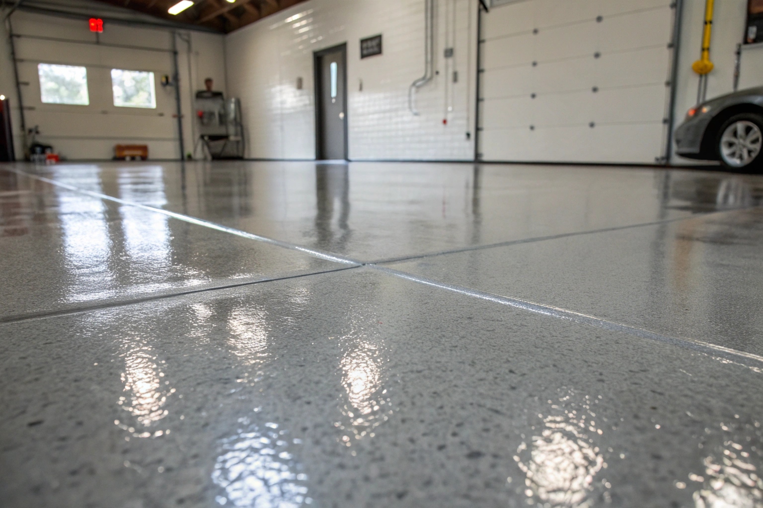 Close-up of a flawless glossy epoxy garage floor finish installed by ShireBond