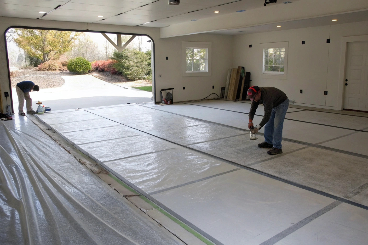 Tidy epoxy floor installation with drop sheets in Alfords Point