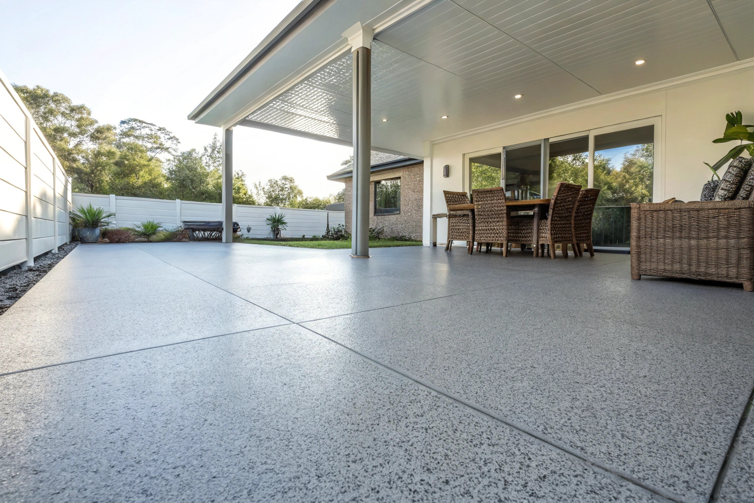 Paved alfresco and patio area with epoxy-coated flooring at a Bangor home