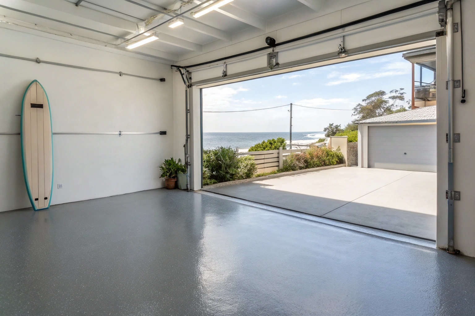 Coastal-grade epoxy garage floor coating in a Cronulla beachside home