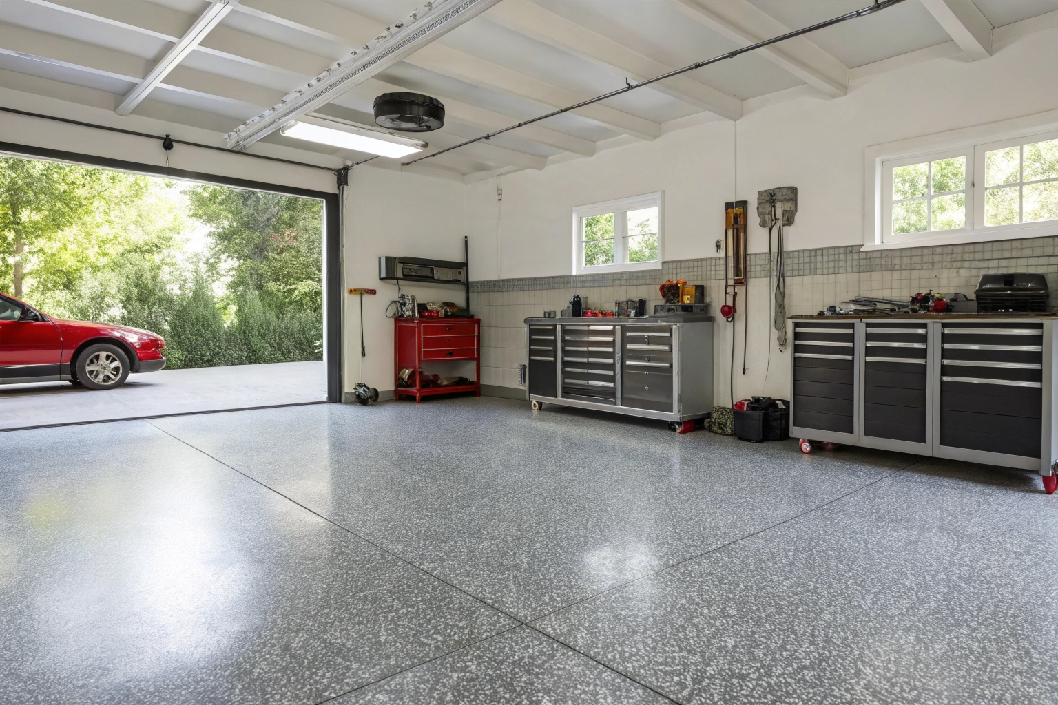 Heavy-duty flake epoxy flooring in an Engadine home workshop