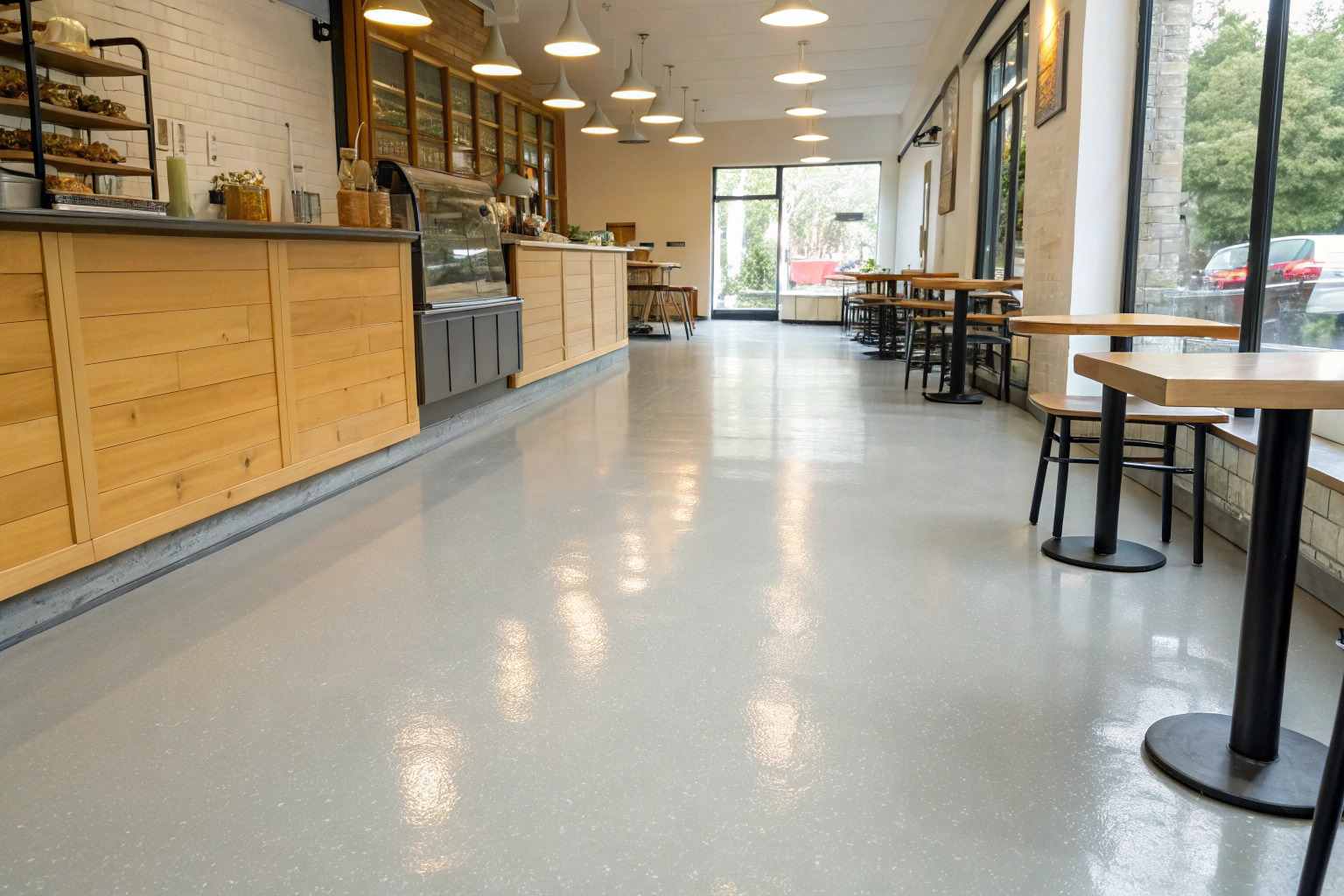 Freshly coated epoxy floor in a café or shopfront on Gymea Bay Rd