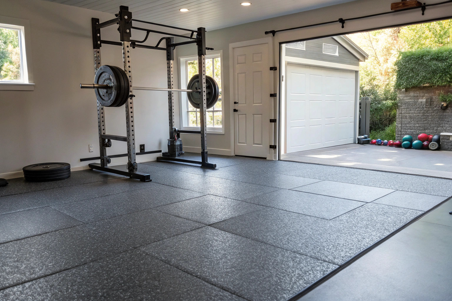 Home gym with impact-resistant epoxy floor and weight rack in Illawong