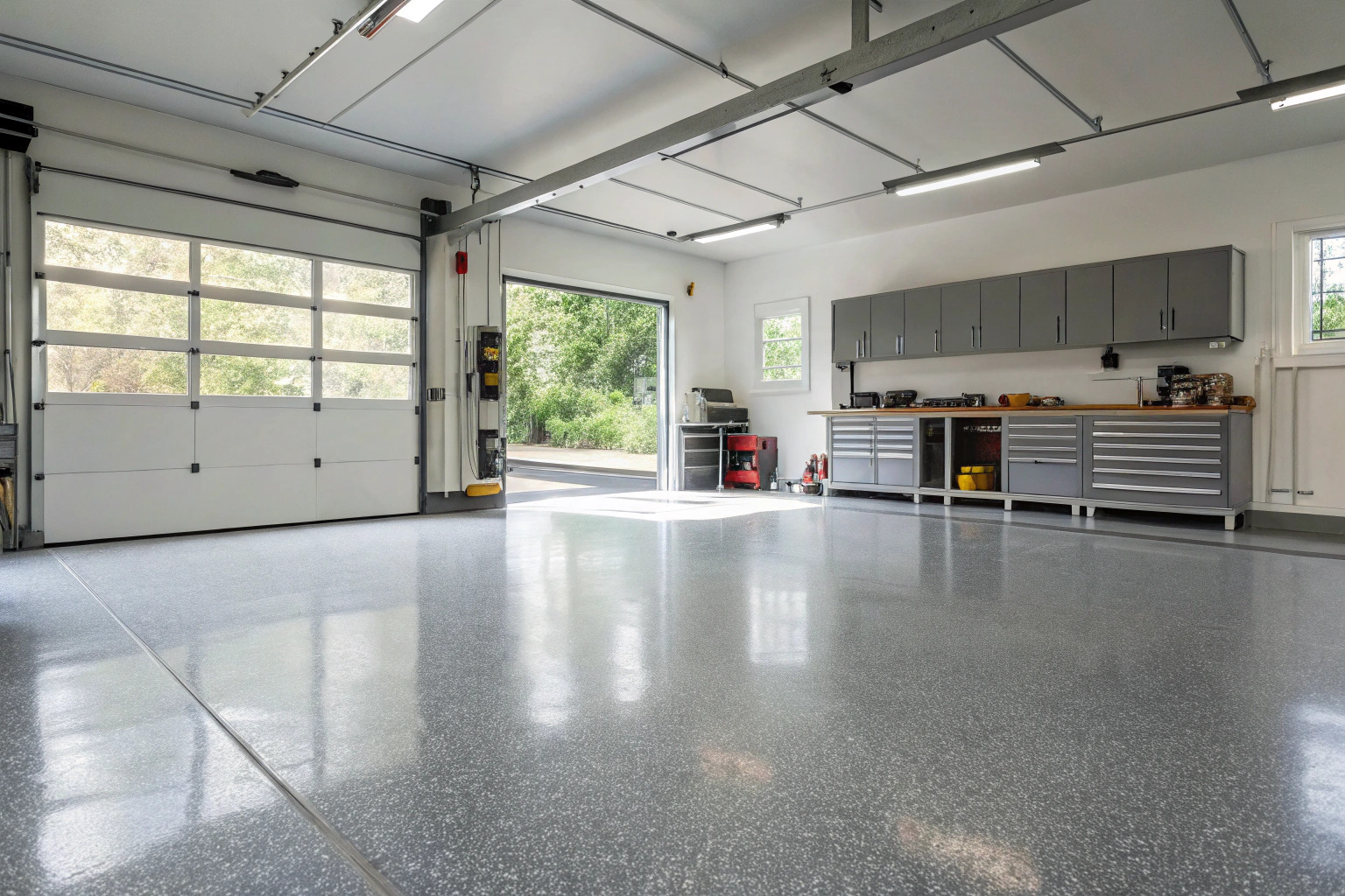 Large multi-car garage or workshop with seamless epoxy flooring in Illawong
