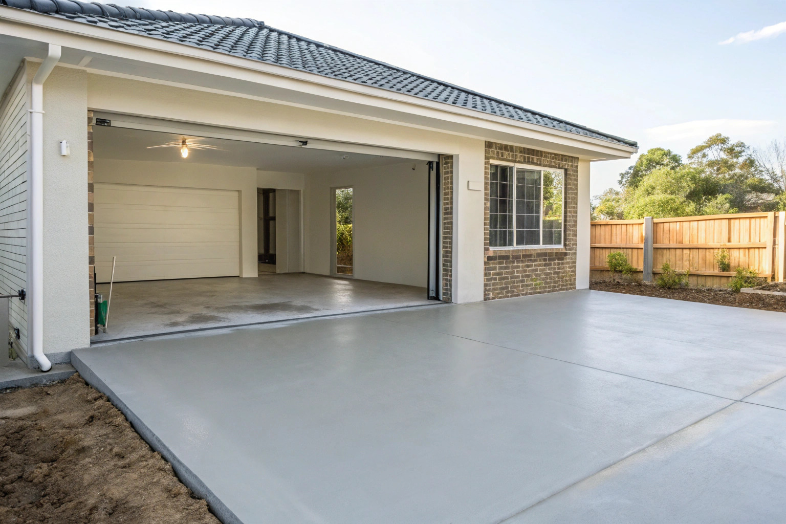 Freshly poured concrete garage slab in a new-build Kirrawee home