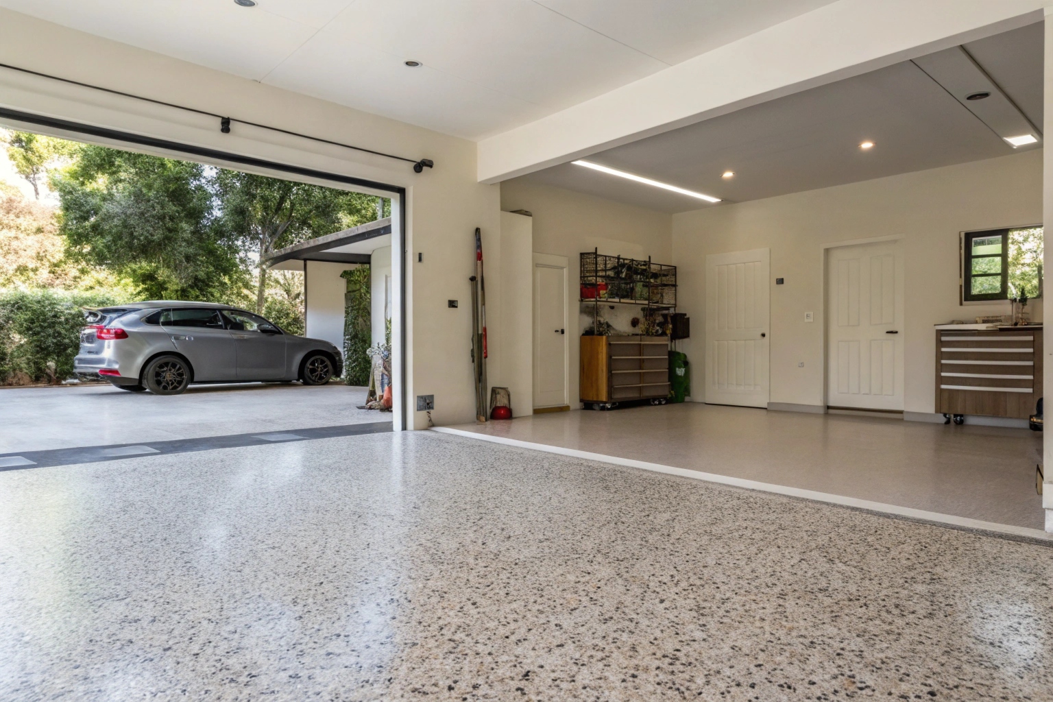 Flake epoxy garage floor finish in a Menai home