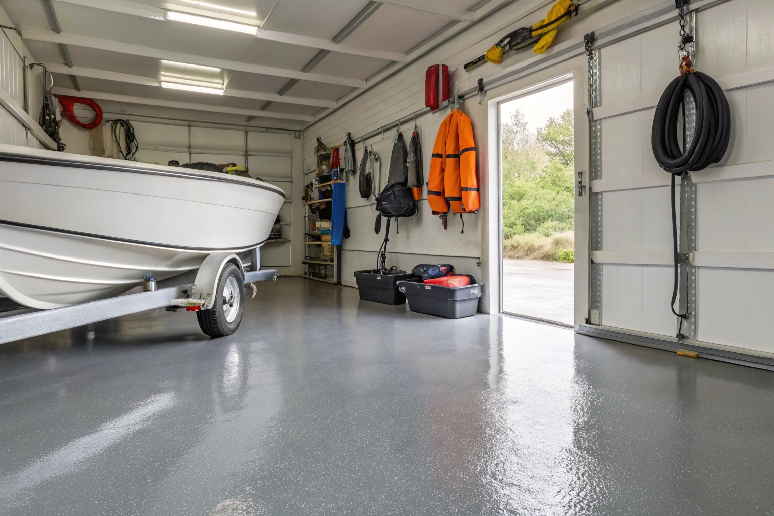 Epoxy flooring in a Sylvania Waters boat storage garage