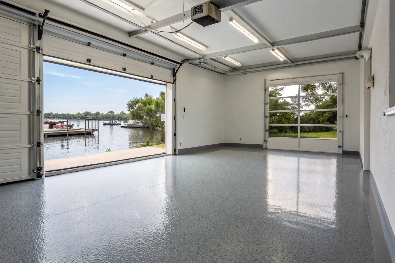 Waterfront garage near Sylvania Waters canal with epoxy flooring