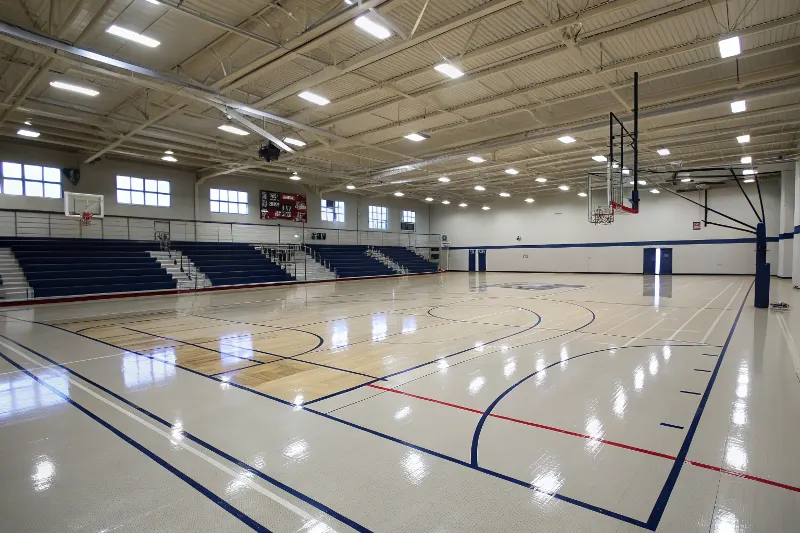 Epoxy sports flooring in school gymnasium with basketball court markings and seamless surface