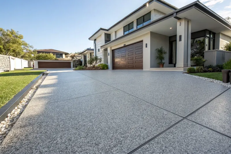 Finished epoxy driveway coating with decorative flakes at Sutherland Shire home showing enhanced curb appeal