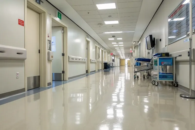 Hospital corridor with seamless epoxy flooring