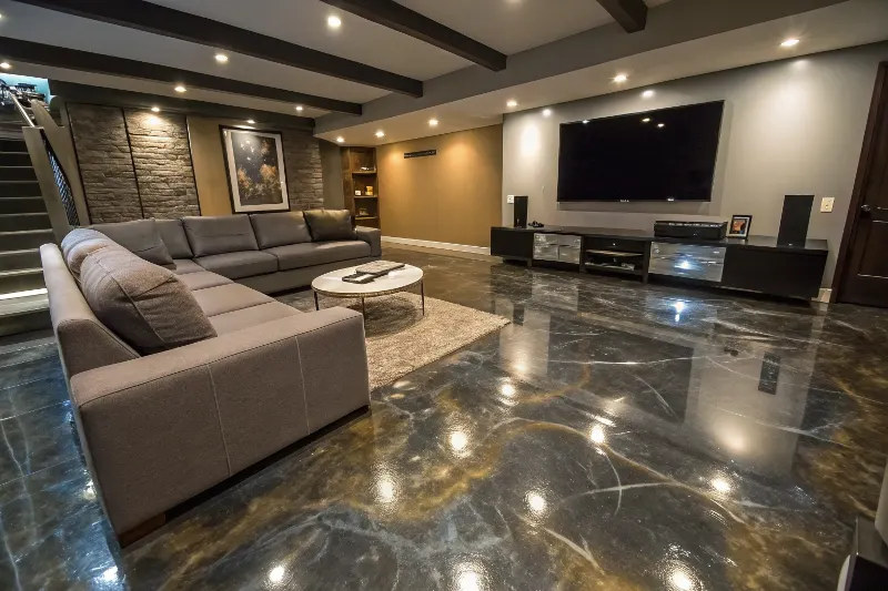 Metallic epoxy flooring in a home entertainment room