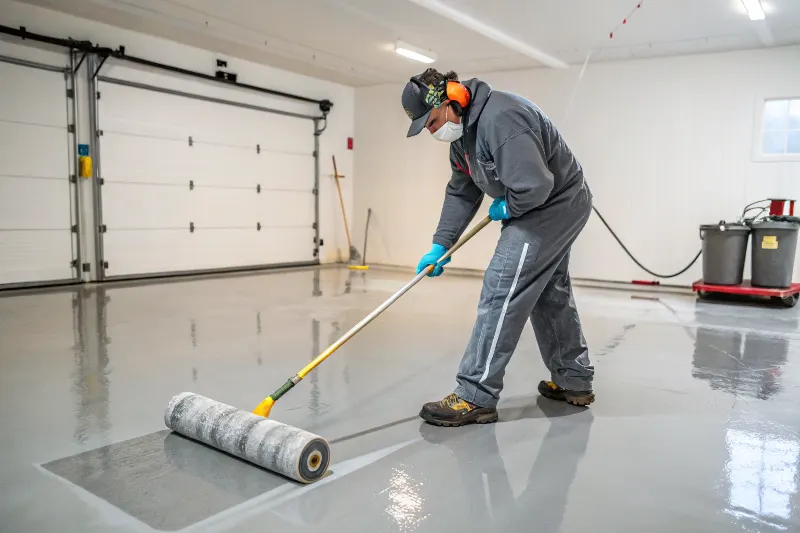 Professional contractor applying epoxy concrete sealing with industrial equipment