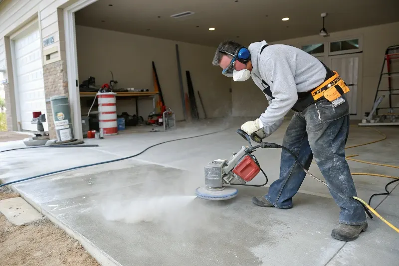 Professional contractor preparing concrete garage floor for epoxy coating in Sutherland Shire