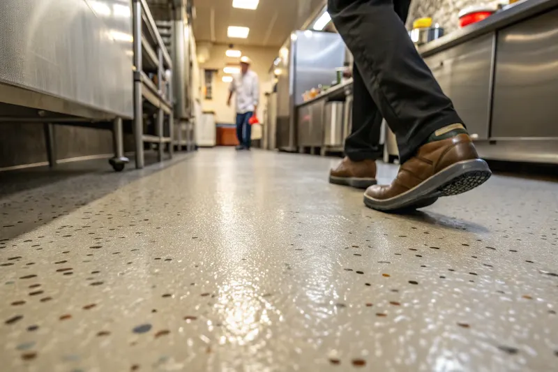 Close-up of slip-resistant textured epoxy flooring in restaurant kitchen showing safety features for staff protection
