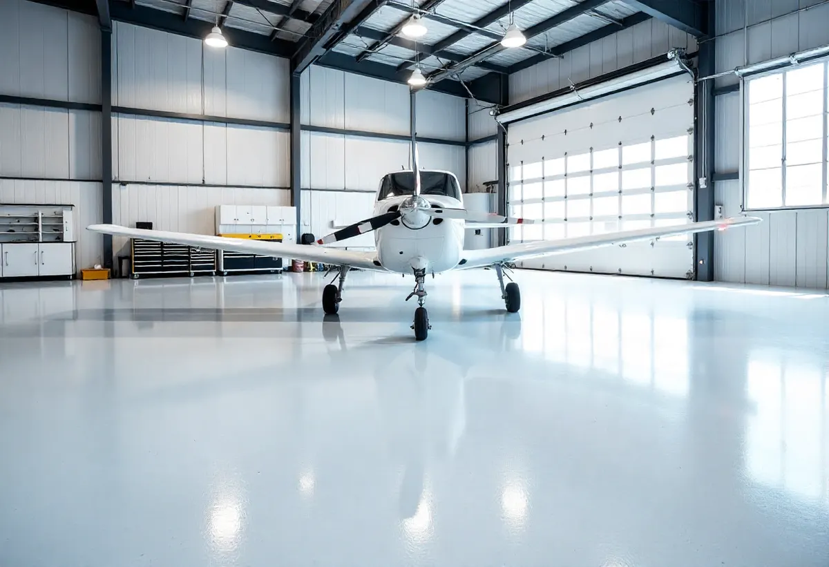 A small private aircraft parked on a glossy light-grey epoxy floor inside an aircraft hangar