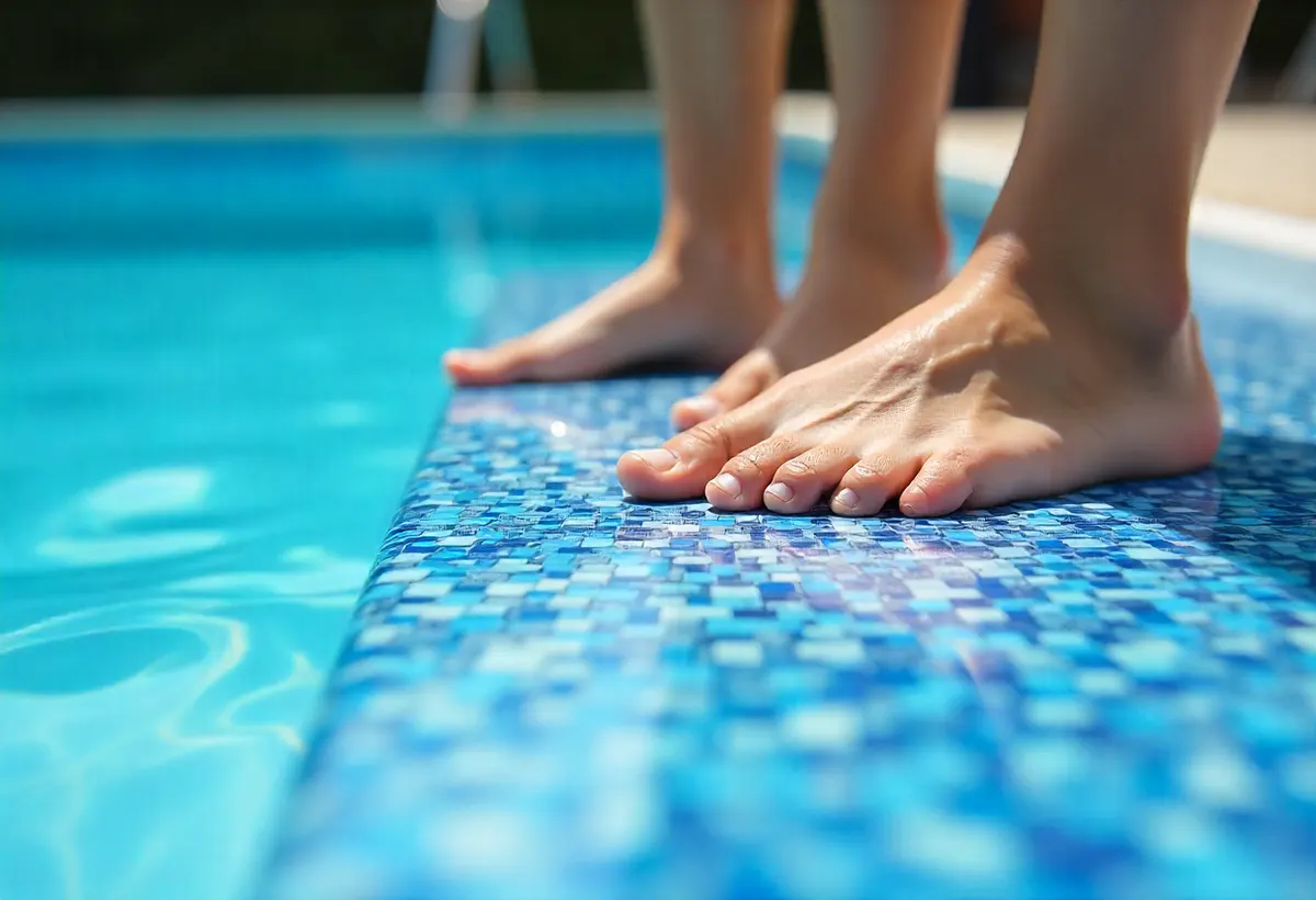 Close-up macro shot of wet pool deck surface showing non-slip epoxy coating texture
