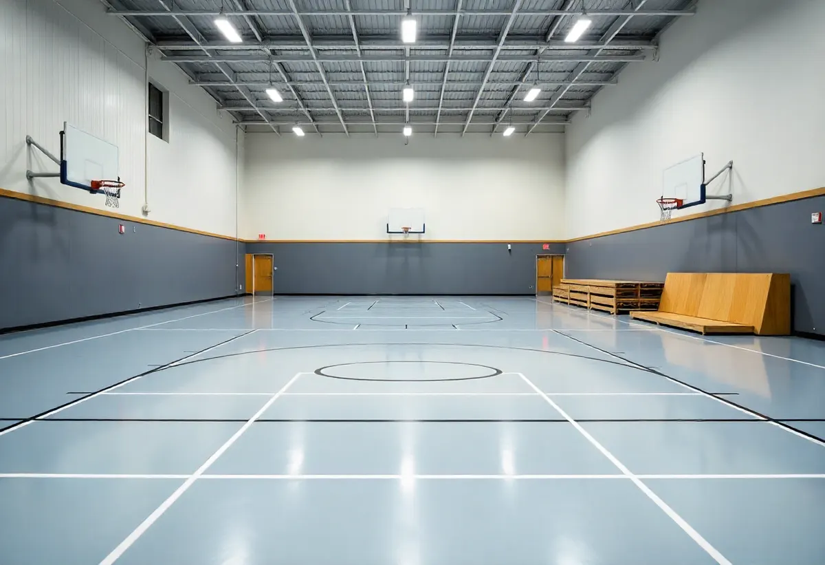 An indoor school basketball court with light-blue epoxy sports flooring and white court markings