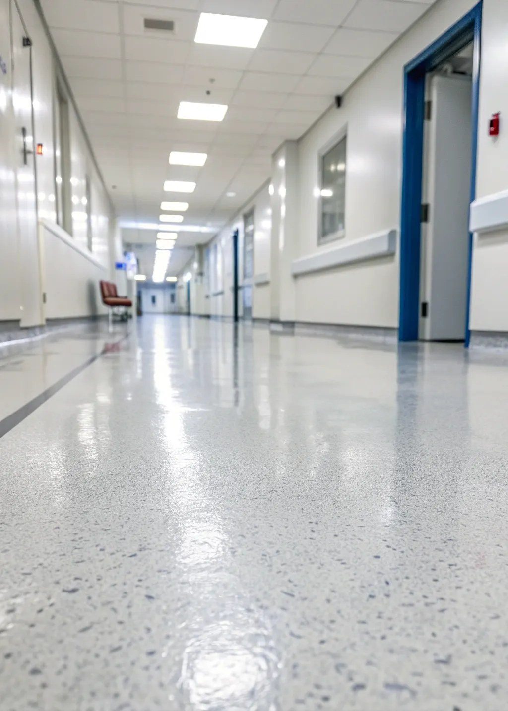 Long hospital corridor with a glossy speckled epoxy floor and blue-trimmed doorways