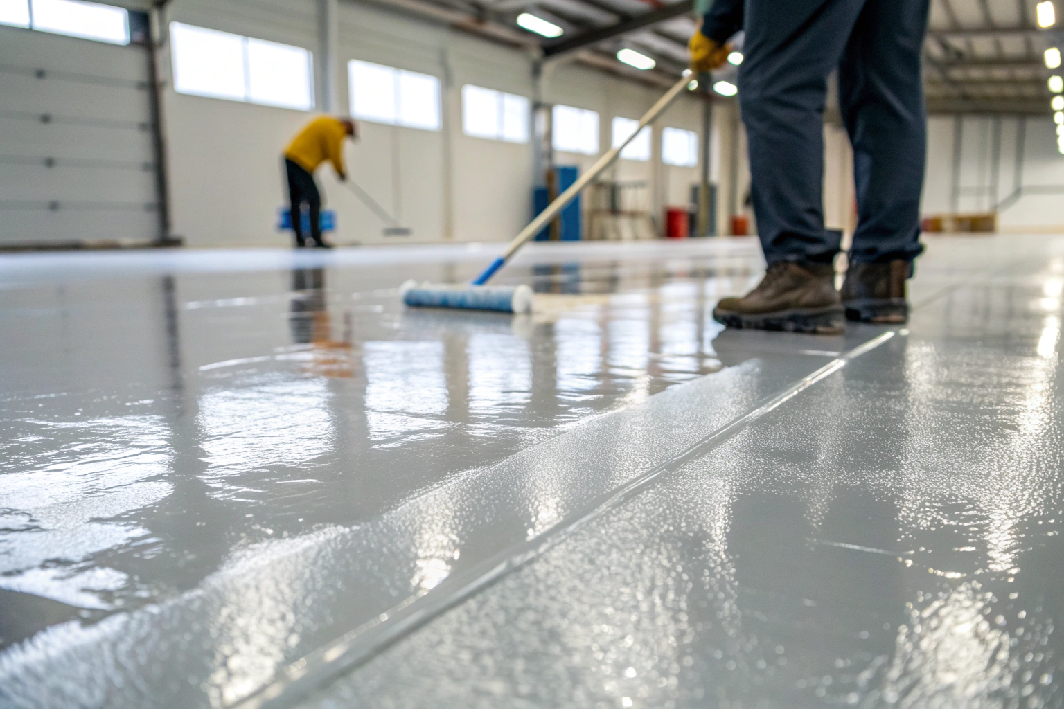 Contractors applying a fresh epoxy coat to a warehouse floor with paint rollers