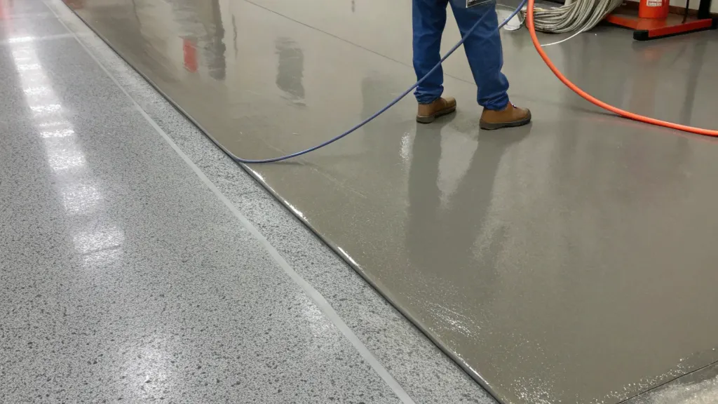 Close-up view of epoxy flooring installation in progress