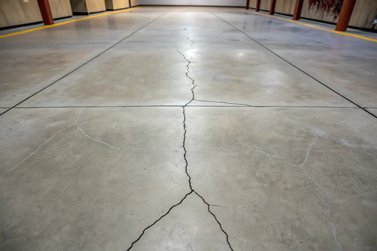 Polished concrete floor with a diagonal settlement crack pattern