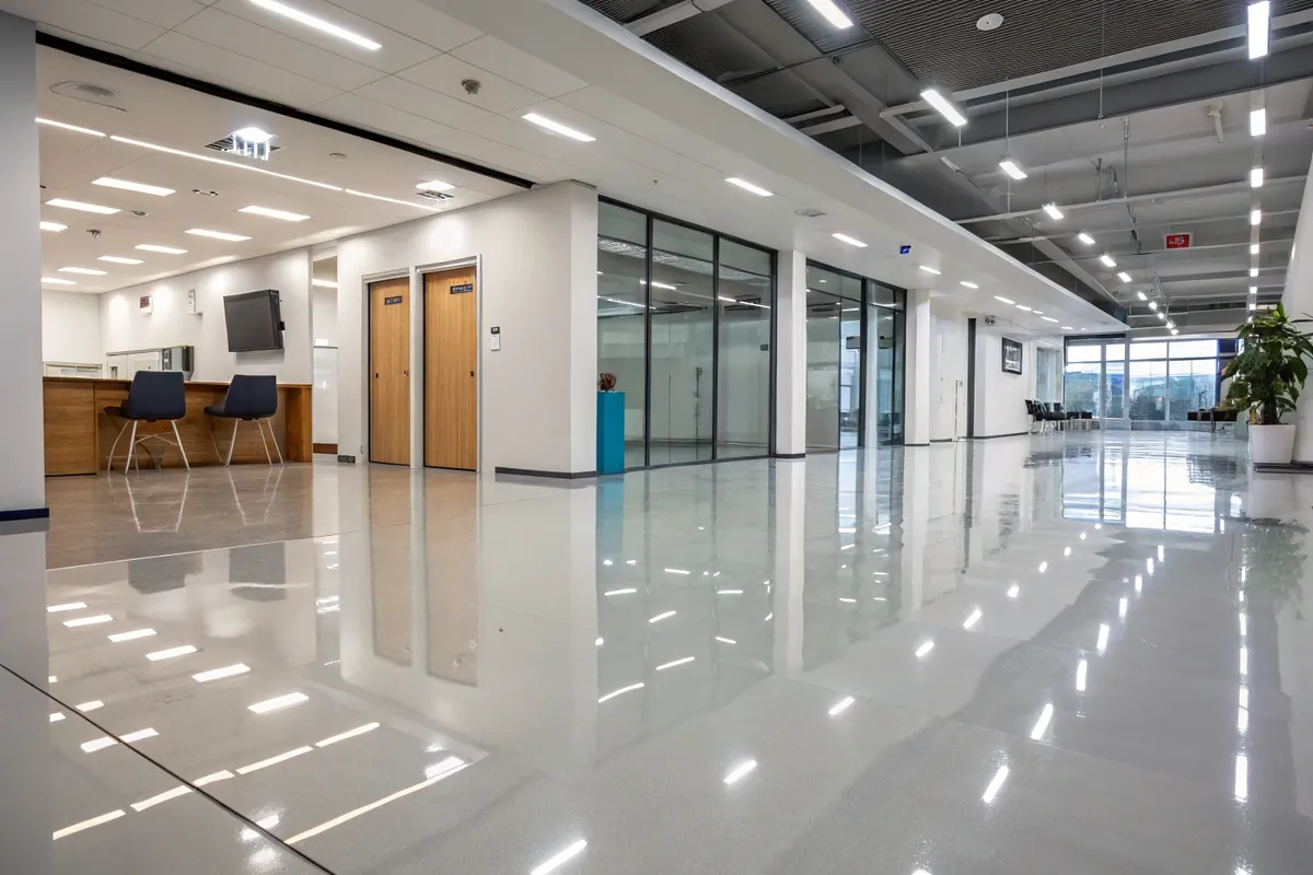 Office reception area with glossy epoxy flooring and a timber reception desk