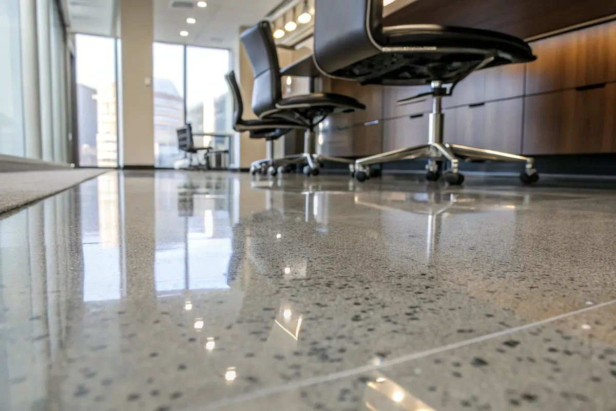 Modern office corridor with polished epoxy flooring and glass-walled meeting rooms