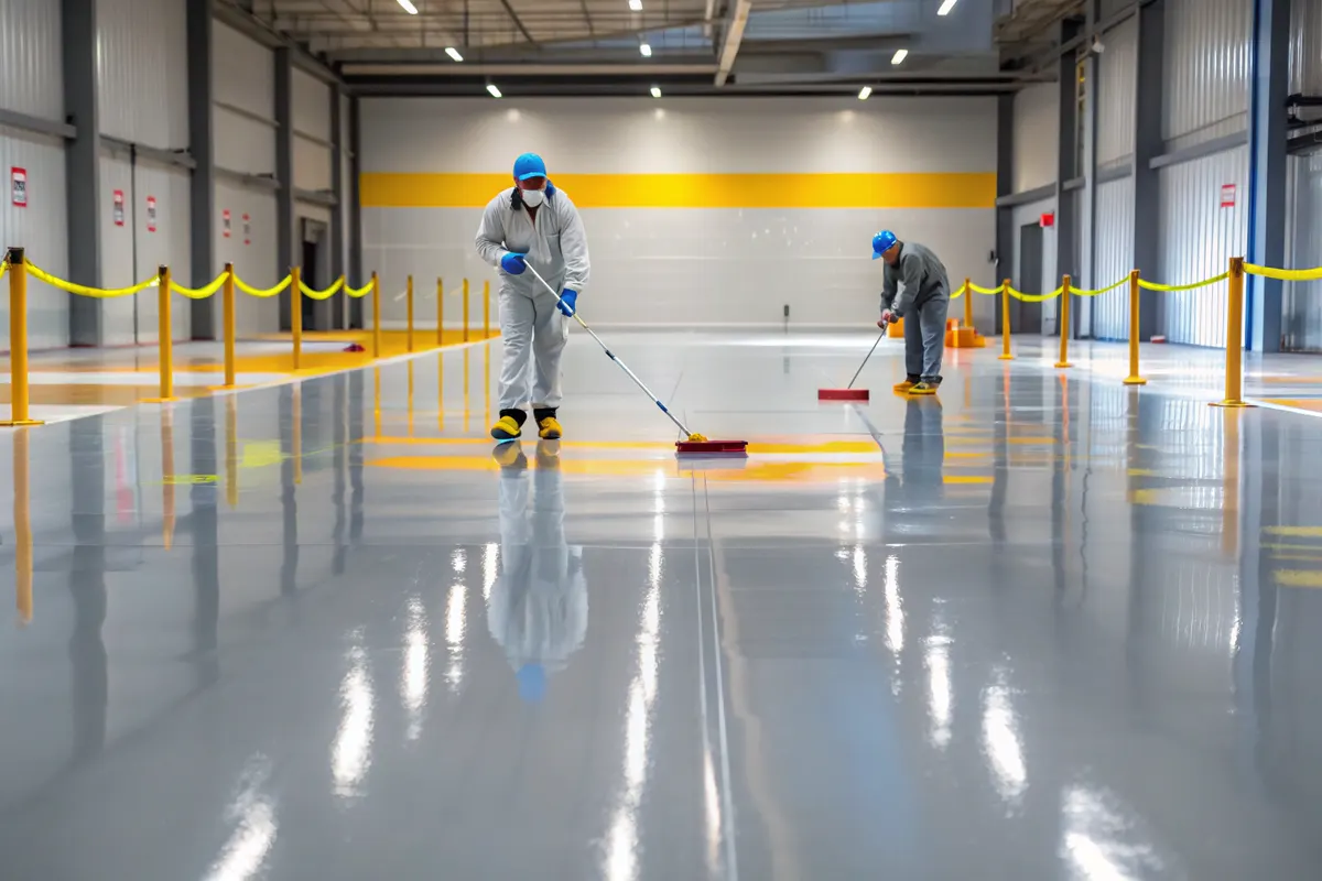Two contractors in PPE applying epoxy coating to a commercial warehouse floor