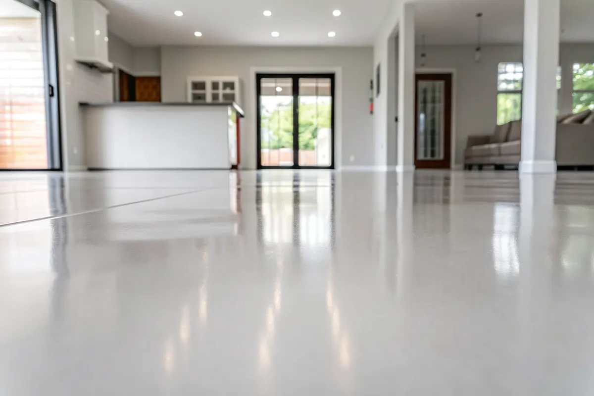 Open-plan living area with a glossy light-grey epoxy floor reflecting the room