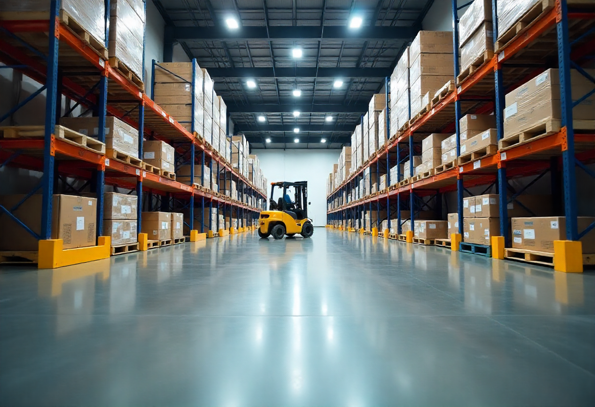 Large industrial warehouse interior with glossy grey epoxy flooring