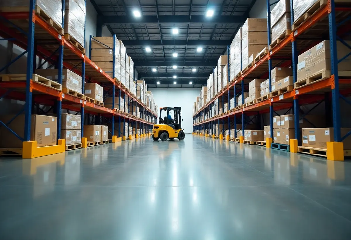 Large industrial warehouse interior with glossy grey epoxy flooring