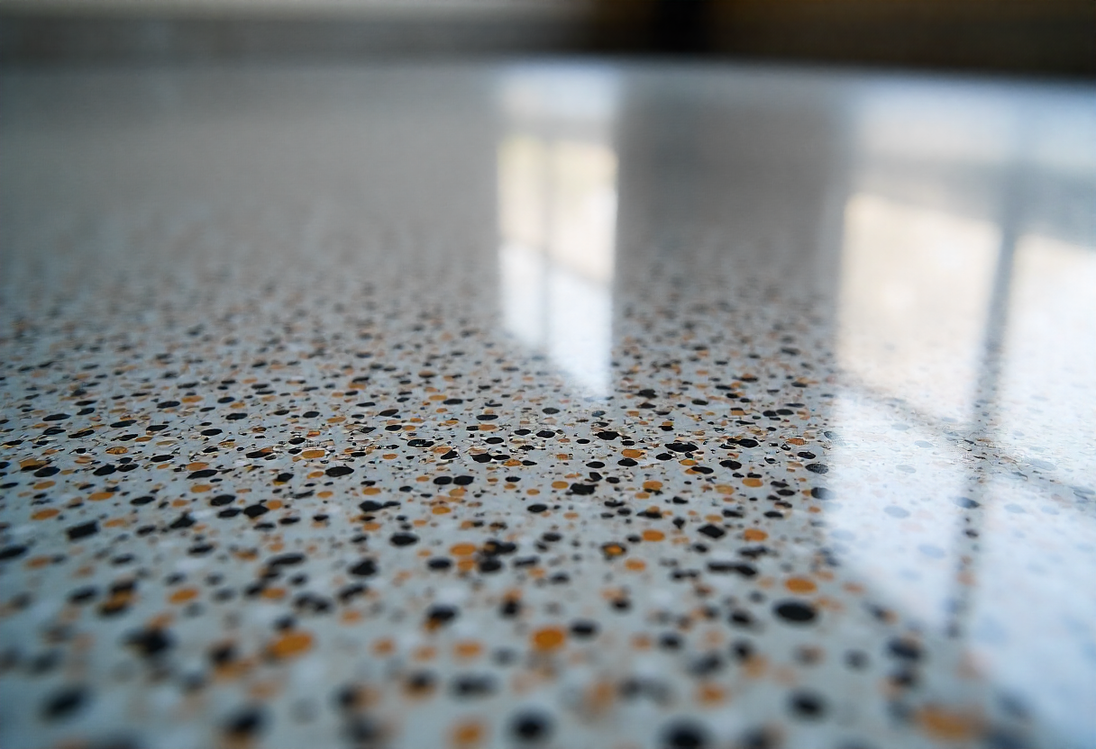 Close-up of a glossy epoxy floor surface with black and orange decorative flake chips