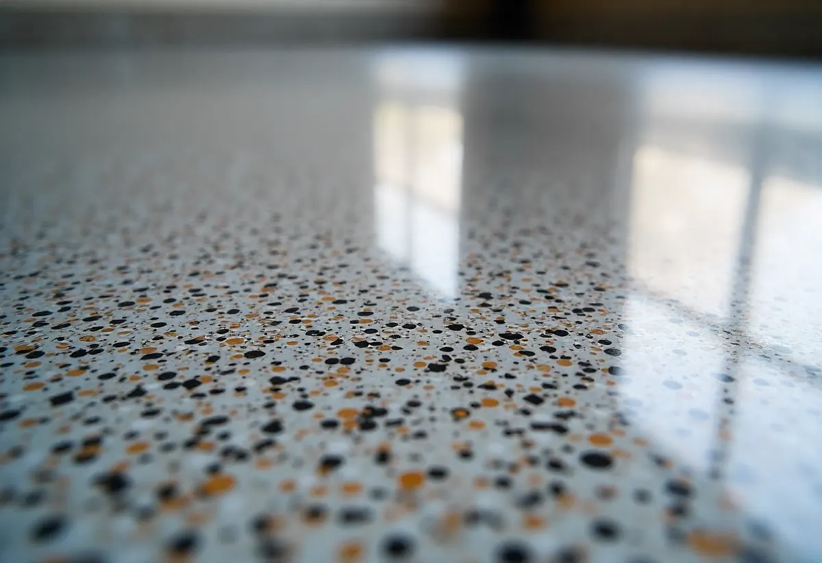 Close-up of a glossy epoxy floor surface with black and orange decorative flake chips