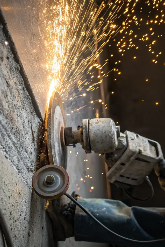 Angle grinder cutting into a concrete slab with sparks flying