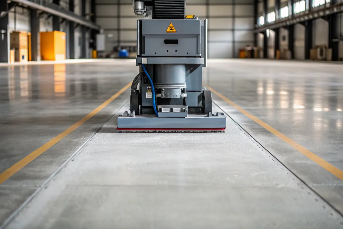Industrial shot-blasting machine preparing a concrete warehouse floor