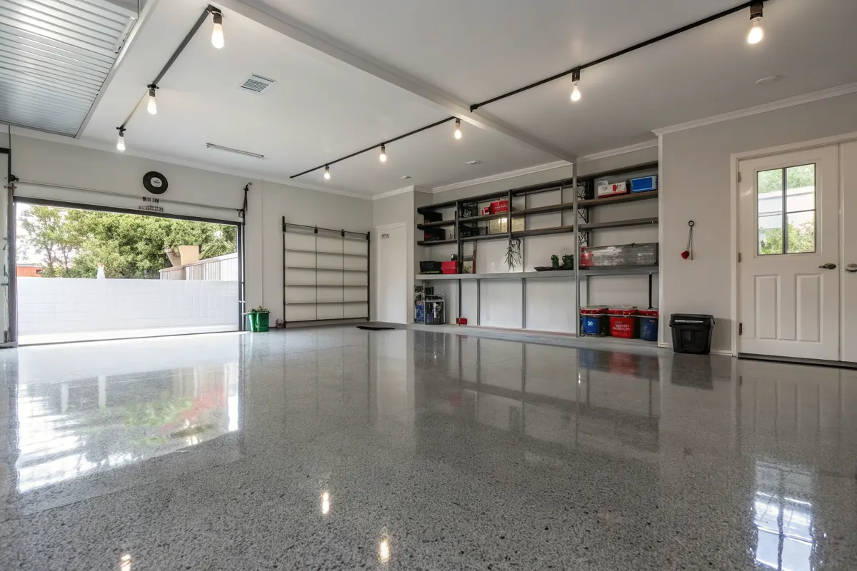 Modern Australian garage interior with a glossy speckled grey epoxy floor and open roller door