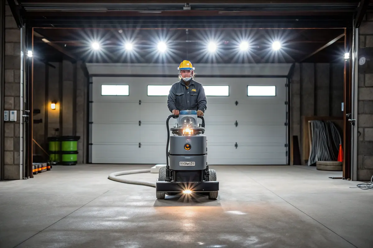 Contractor in high-vis PPE operating a diamond grinder on a garage floor