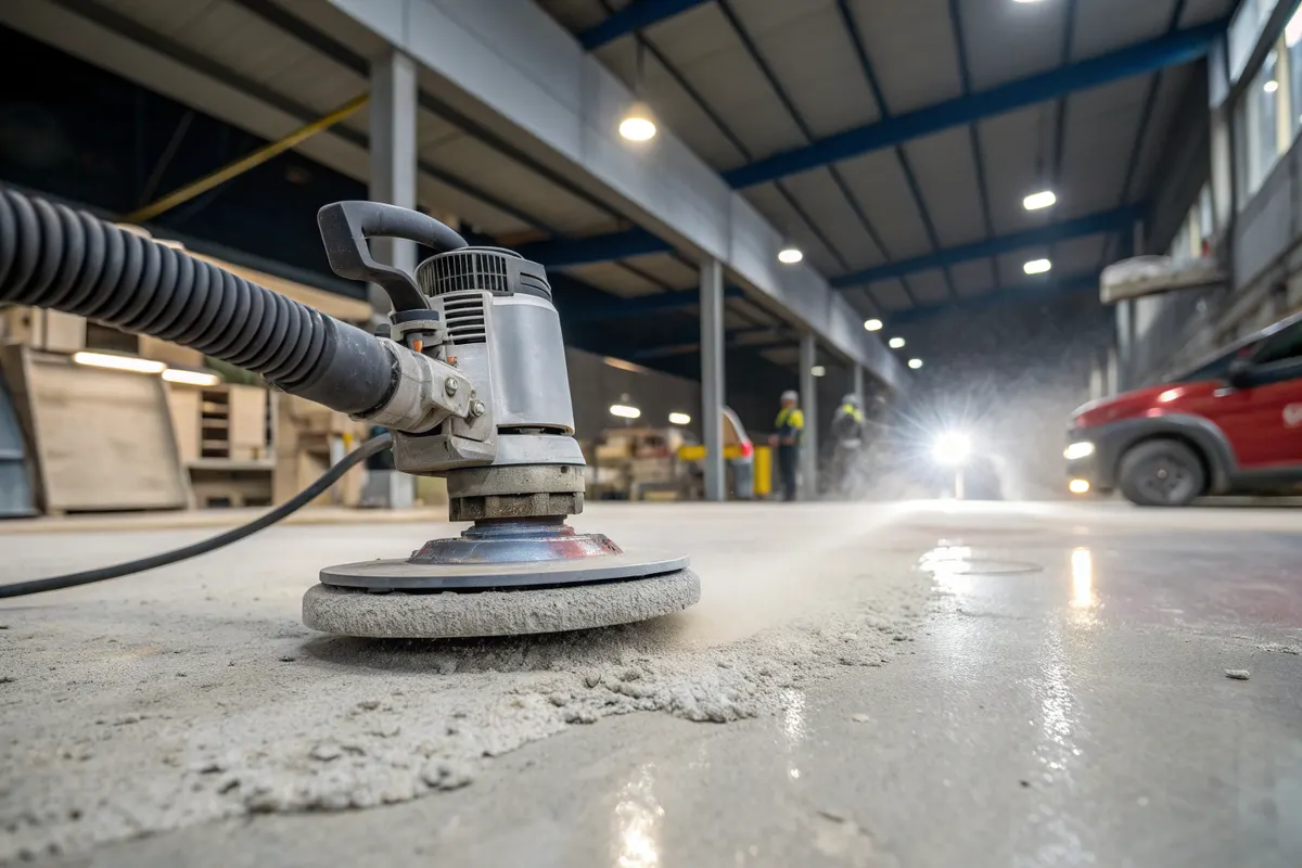 Diamond grinding machine preparing a concrete warehouse floor