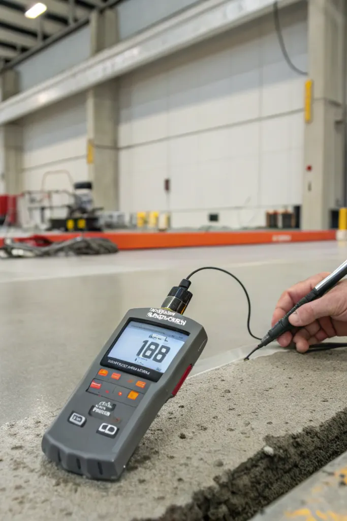 Contractor testing concrete floor moisture levels with a meter
