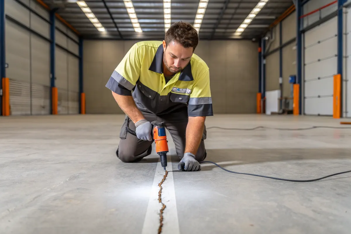 Tradesman in hi-vis workwear kneeling to repair a crack in a warehouse concrete floor with a power tool