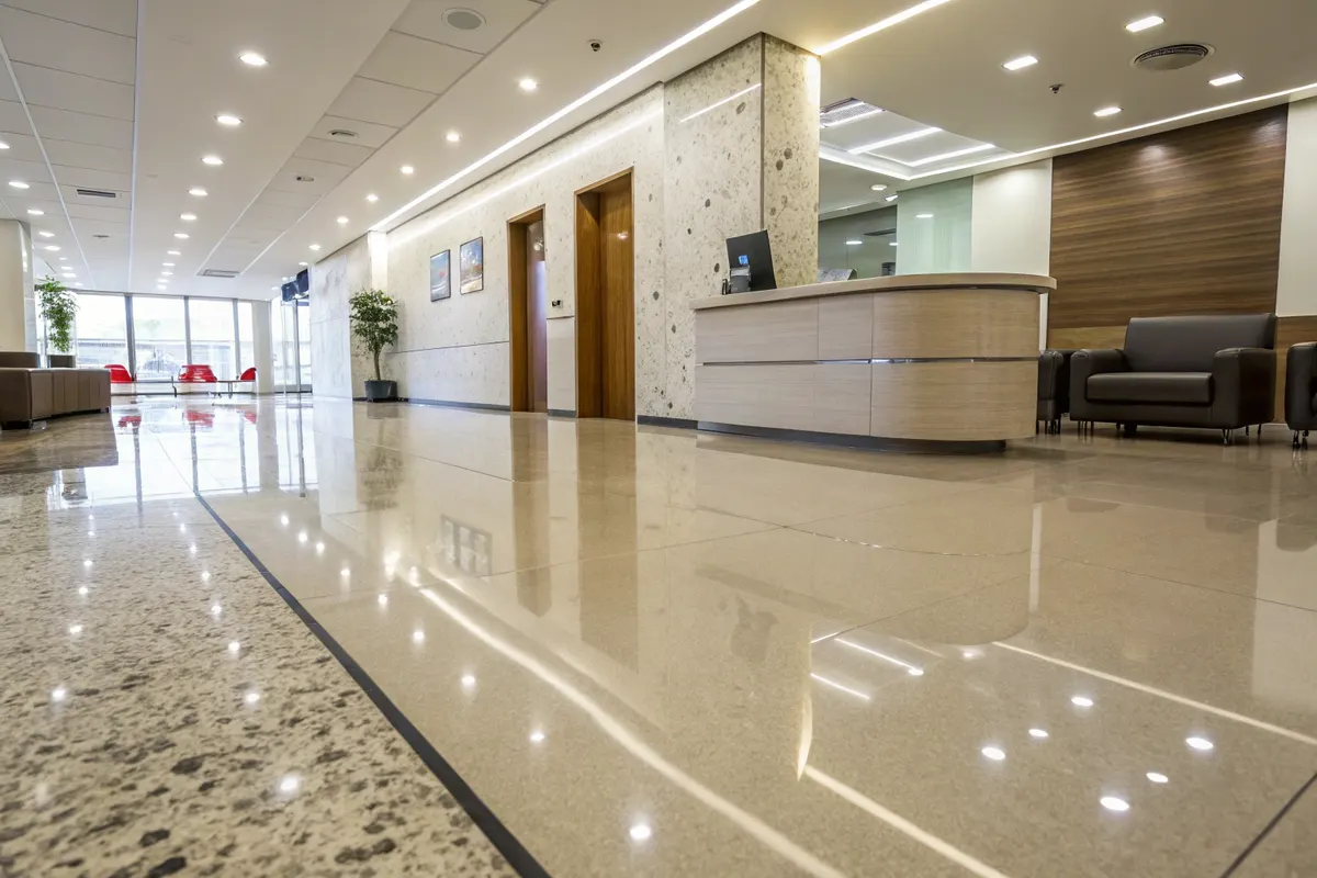 Office reception area with polished epoxy flooring and a curved timber reception desk