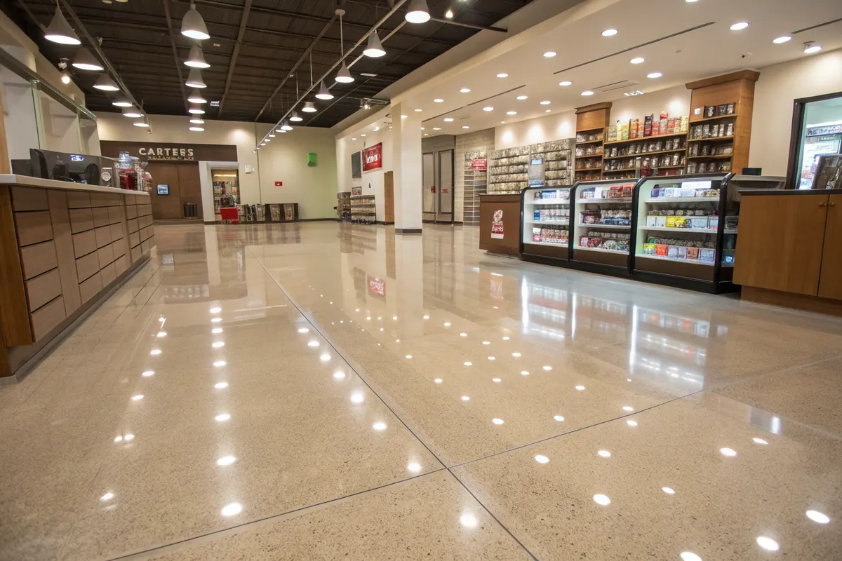 Glossy speckled epoxy flooring in a retail store aisle with product shelving