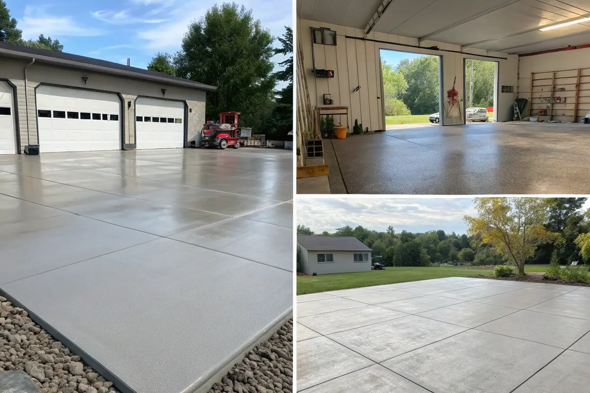 Three-panel collage of sealed concrete driveways outside residential garages