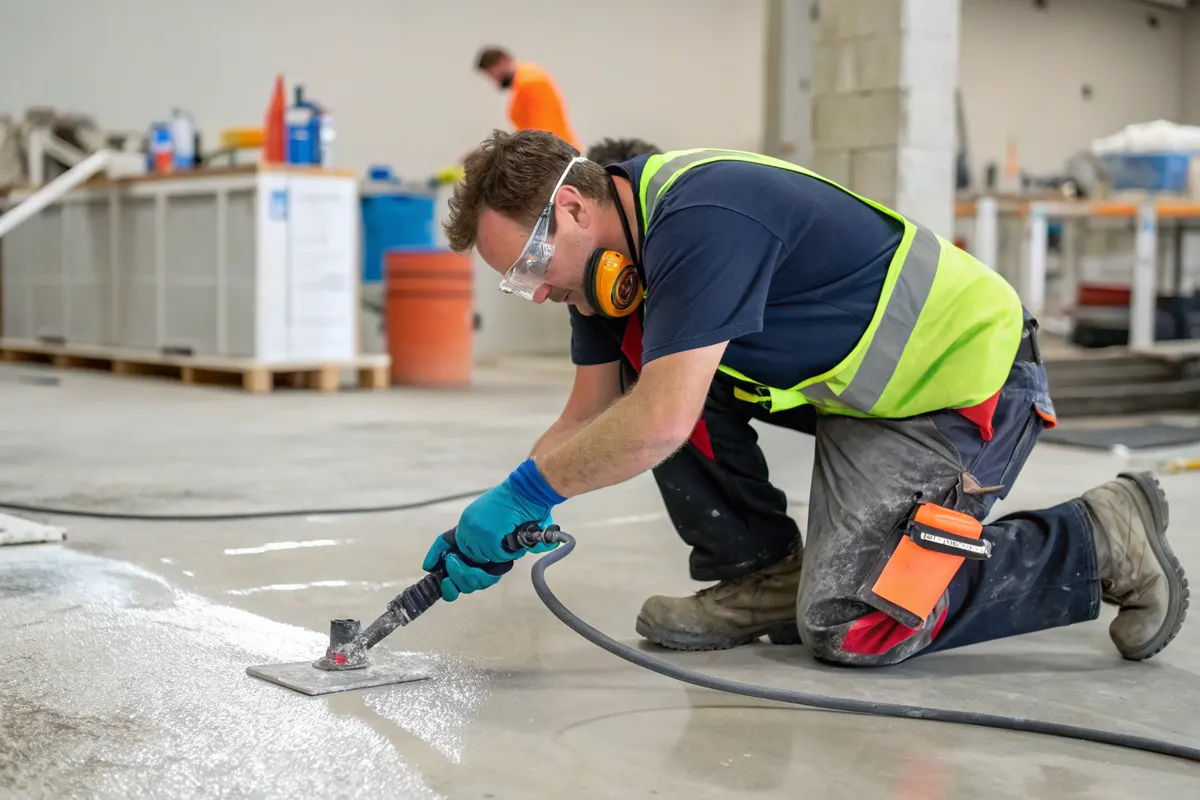 Tradesman in safety gear using a hand-held grinder to remove old epoxy coating from a concrete floor
