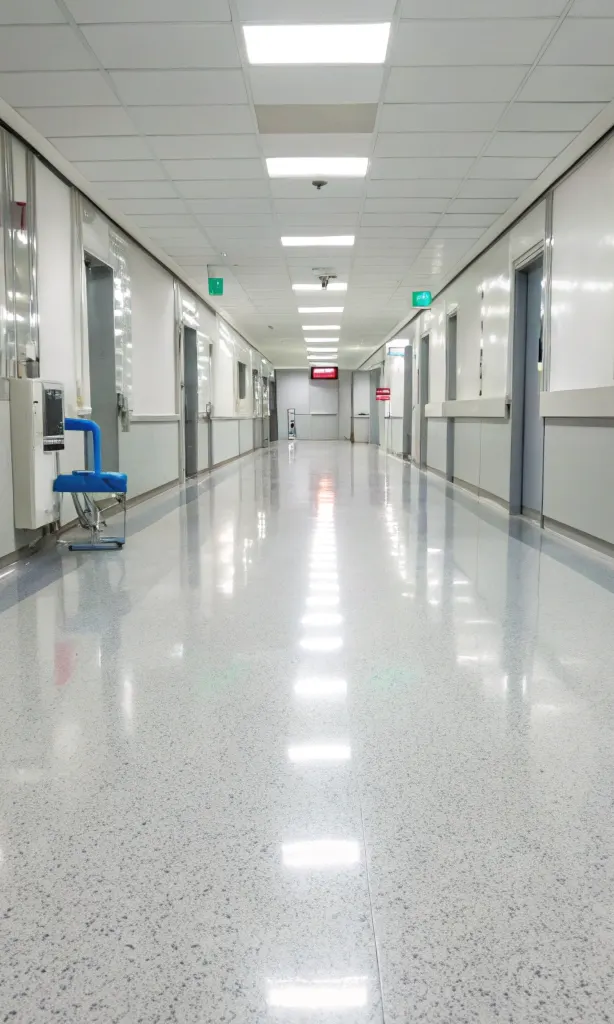 Wide-angle view of a modern hospital corridor with a glossy speckled epoxy floor