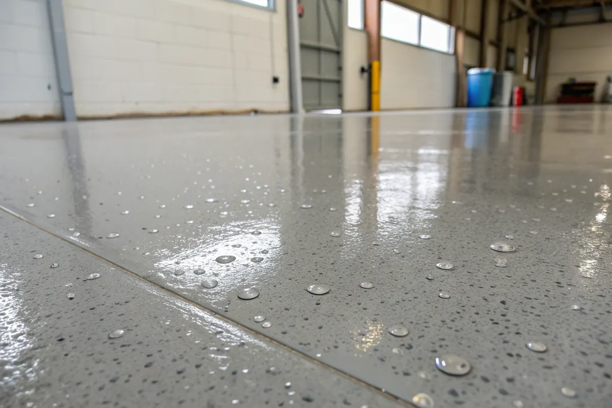 Close-up of a grey epoxy floor with water beading on the surface inside an industrial building