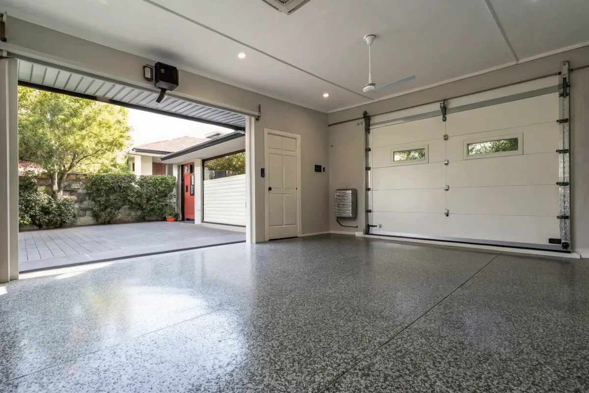 Non-slip epoxy coating on residential garage floor in Sutherland
