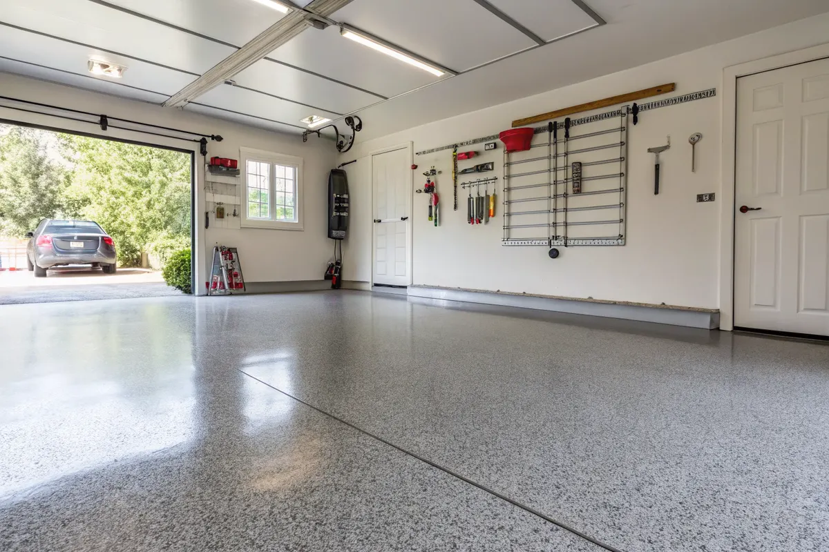 Residential garage interior with a glossy speckled grey epoxy floor, car parked in the open doorway